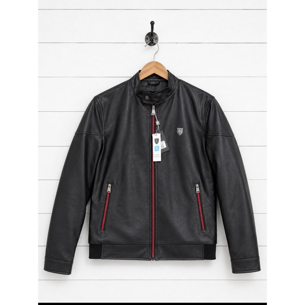 F Collections Ferrari Black Leather Jacket Mens Size L NWT Full Zip Italy‎